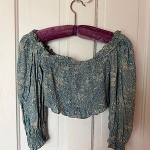 Floral Blue Smocked Off-Shoulder  crop Top